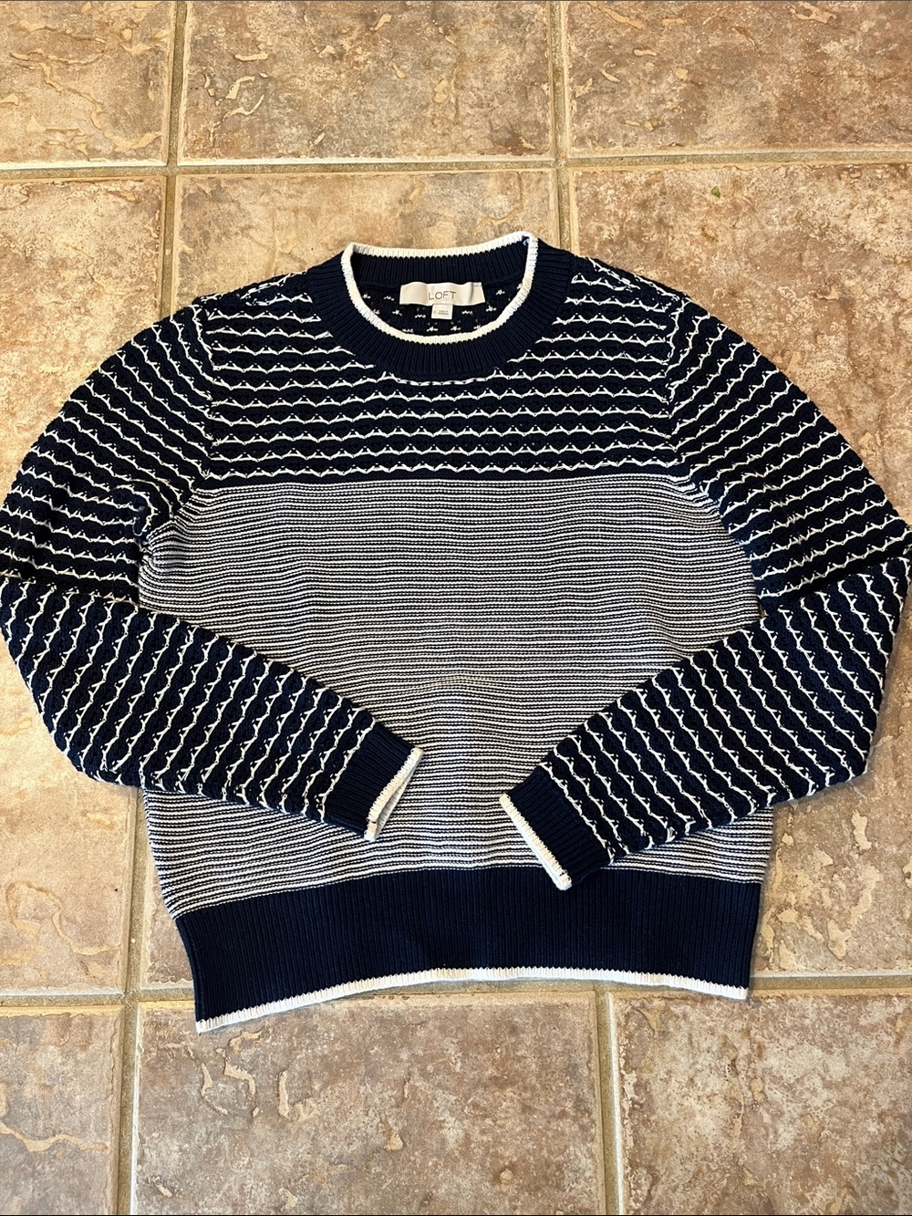 LOFT Navy and White Patterned Lightweight Crewneck Sweater 100% Cotton